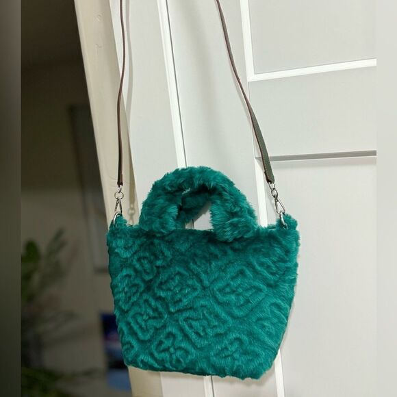 Turquoise Handmade Real Embossed Shearling Top Handle Bag, Fur Tote, Crossbody - Picture 9 of 14